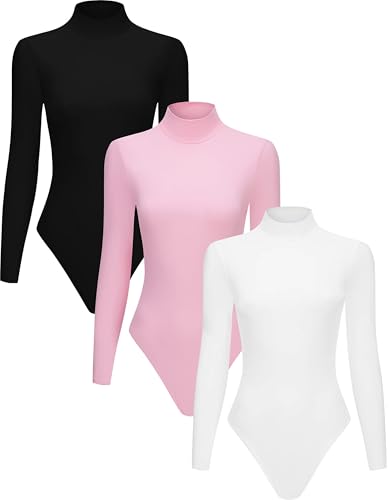 3 Piece Women's Mock Turtle Neck Long Sleeve Bodysuit T Shirts Body Suit Tops
