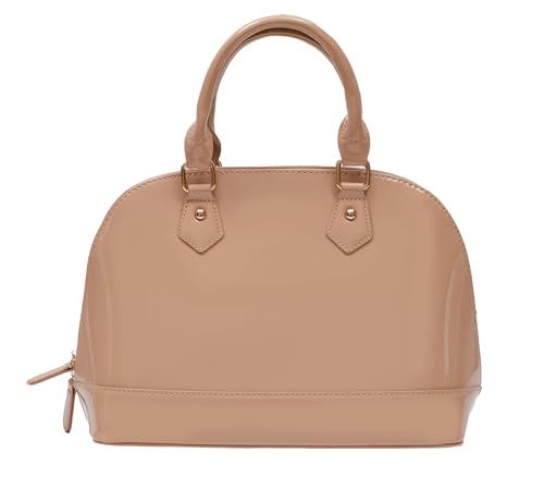 Bolsa de couro envernizado, bolsa com zíper, bolsa de ombro com vários bolsos, bolsa de ombro grande brilhante com alça superior, Nude., 13.4x6.5x9.5 inches