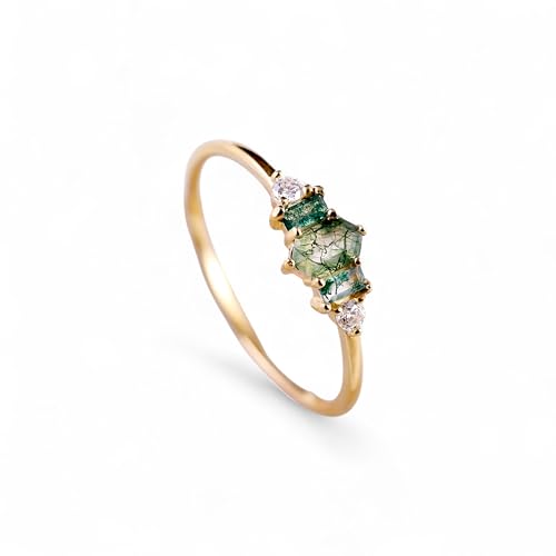 Raw Moss Agate Engagement Ring with CZ Accents, Hexagon & Baguette Cut Green Gemstones, Dainty Solitaire Ring, July Birthstone Promise Ring for Her