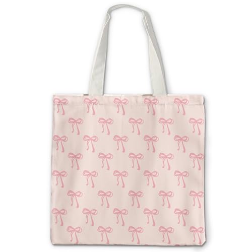 OTOUO Coquette Pink Bows Canvas Tote Bag - Cute Gifts for Women girls Preppy Bow Reusable Bag for Shopping Work