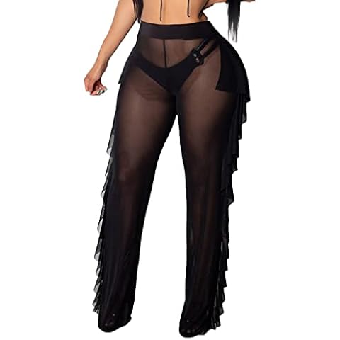 Villagepageme Women's Sexy Sheer Mesh Trousers Swimsuit Bikini Bottom Cover Up Pants See-Through Ruffles Beach Cover-Ups (A-Black, L) Cover