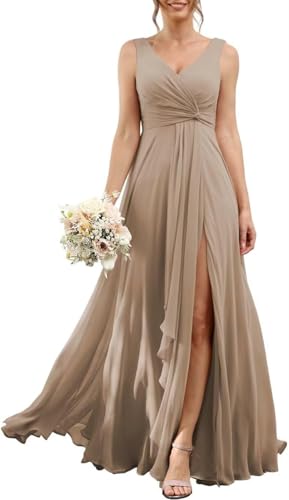 YIANN Robe de demoiselle d'honneur en mousseline de soie avec fente pour fête de mariage Robe de soirée longue formelle à col en V, taupe, 48 plus