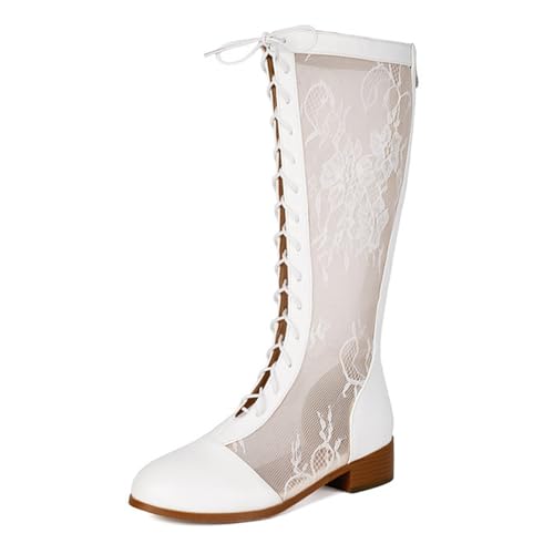 Botas de Moda callejera para Mujer de Malla de Encaje hasta la Rodilla Punta Redonda Cordones Botas de Verano tacón Medio Elegante Calzado Informal Atuendo de Festival,Blanca,45 EU