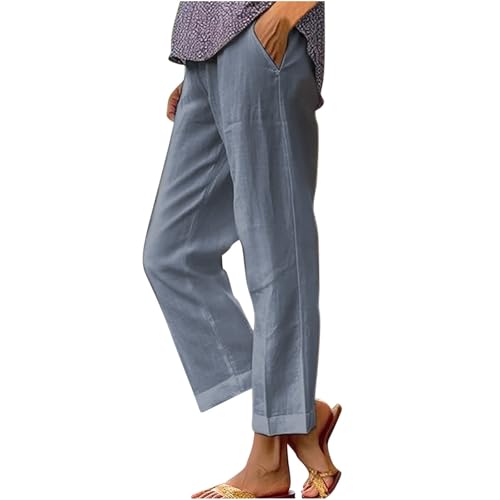 Cotton Linen Pants Women Plus Elastic Waist Straight Leg Lounge Cropped Pants Summer Casual Beach Slacks with Pockets - Main Image