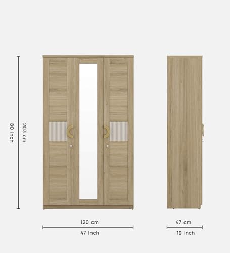 Image of Mintwud Pepperfry Engineered Wood Wardrobe with 3 Doors Storage and 2 Hanging Rod | Wooden Almirah Cupboard for Clothes Storage Organizer for Living Room Home Bedroom Furniture (Cream Finish)