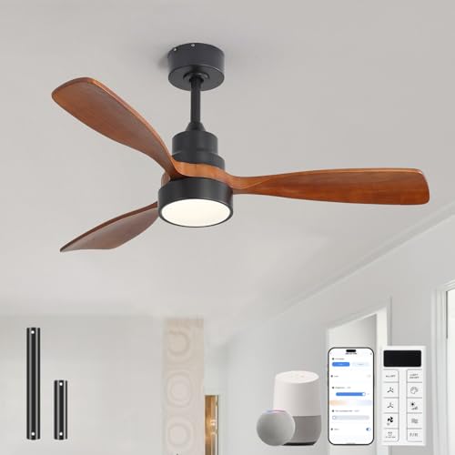 Image of Sofucor 48 Inch Smart Wood Ceiling Fans with Lights, Flush /Downrod Mount | Alexa /App /Remote Control, Quiet Reversible DC Motor, 3CCT Dimmable, Timer, Indoor /Covered Outdoor /Bedroom /Living Room, Brown