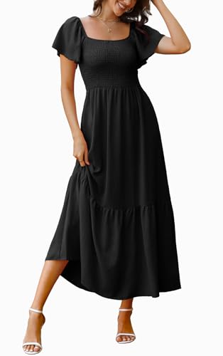Image of OFEEFAN Summer Dresses for Women Square Neck Ruffle Sleeve Smocked Maxi Dress with Pockets