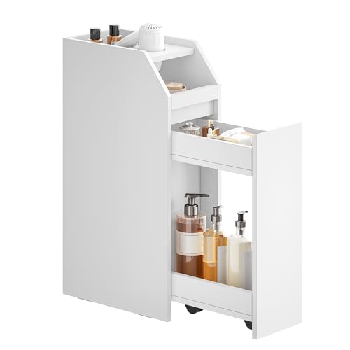 HEXCELEN Badezimmerschrank Klein, Badschrank Schmal, Kleiner Schrank für Toilettenpapier, Toilettenschrank mit Schublade Rollen, Aufbewahrungsschrank Stehend für Kleine Räume Weiß 40 x 19 x 70cm