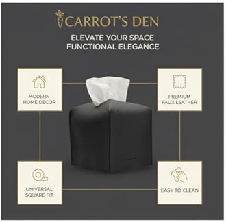 Tissue Box Cover Holder, Square with Bottom Belt by Carrot's Den - PU Leather Decorative Organizer for Tabletop, Bathroom, Car, Office | Black