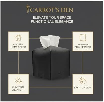 Tissue Box Cover Holder, Square with Bottom Belt by Carrot's Den - PU Leather Decorative Organizer for Tabletop, Bathroom, Car, Office | Black