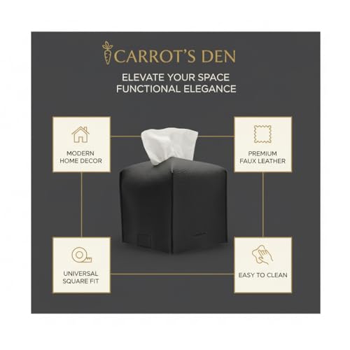 Tissue Box Cover Holder, Square with Bottom Belt by Carrot's Den - PU Leather Decorative Organizer for Tabletop, Bathroom, Car, Office | Black