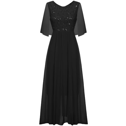 Women's Wedding Guest Long Dress Cocktail Party formal Cape Ruffle Sleeve Chiffon Lace Sequin Dress4