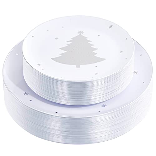 Wdf 50 Pieces Silver Plastic Plates - Christmas Plastic Plates With Christmas Tree - Heavy Duty White And Silver Disposable Plates For Christmas #TOP19