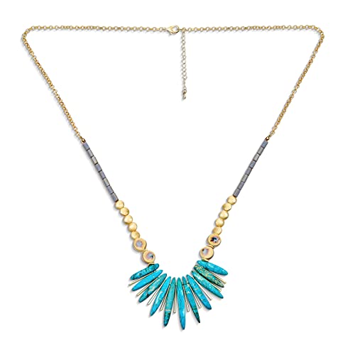 Blue Peck Organic Faceted Beads And Compress Turquoise Irregular Stone Bib Fan Statement Collar Choker Necklaces Western Jewelry For Women Teens Gold Plated Bead & Clasp Adjustable2