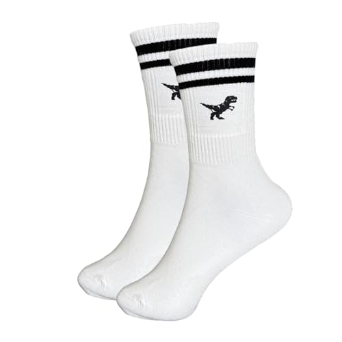 Tindo Weiße Socken mit Dino Motiv Lustige Verrückte Socken für Männer und Frauen Geschenksocken Unisex Einheitsgröße 36-43 Crew Socks 1-Paar Schwarz