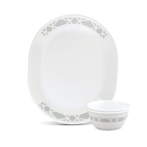 Image of CORELLE Modena 18 Pcs Dinner Set for Family of 6 | Plates & Bowls for Dining| Vitrelle Triple Layer Glass| Lightweight Non-Porous Surface Crockery | 1-Year Warranty on Chip, Break & Scratch