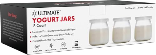 Ultimate Yogurt Jars - Make More Delicious Yogurt! 8 Count Small Glass Yogurt Cups With Lids - 100% BPA Free, Airtight & Dishwasher Safe! Perfect Containers for Yoghurt, Oatmeal, Pudding, or Jello