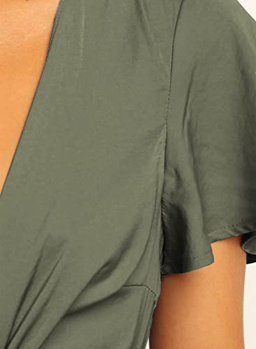 Image of miduo Womens Satin V Neck Ruffle Short Sleeve Tie Front High Waist Midi A-Line Maxi Dresses