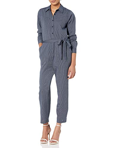 Lucky Brand Women's Long Sleeve Button Up Tie Waist Logan Stipe Jumpsuit, Dark Wash, M