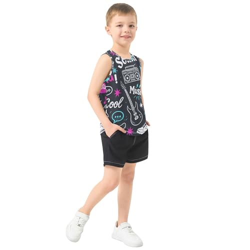JUNZAN Music Doodle Black White Boys Tank Top Sleeveless Teens Vest Basketball Tshirt for Basketball Sports Beach 3T4