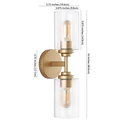 Image of JONATHAN Y 16 inch Brass Gold /Clear Farmhouse 2-Light Wall Sconce, Industrial Vanity Light for Bathroom Mirror, Entryway, Hallway, Clear Glass Cylinder Shades, LED Bulbs (JYL9548B)