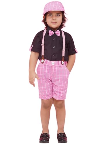 Image of AJ DEZINES Kids Clothing Cotton Blend Checkered Printed Shirt Shorts With Cap and Suspenders Set for Boys