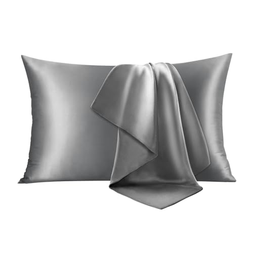 Image of INFIIXSO Mulberry Silk Pillowcase for Hair and Skin, Silk Pillow Cases Queen Size Set of 2 with Hidden Zipper 20x30 Inches, Ultra Smooth and Soft Cooling Pillow Cases for Hot Sleepers(Grey, 2 Pack)