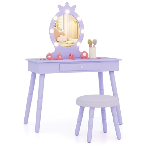KOTEK Kids Vanity with Lights, Crown Themed Princess Makeup Dressing Table with Drawer, Cushioned Stool, Solid Wood Legs, Pretend Play Vanity Table and Chair Set for Little Girls (Violet)