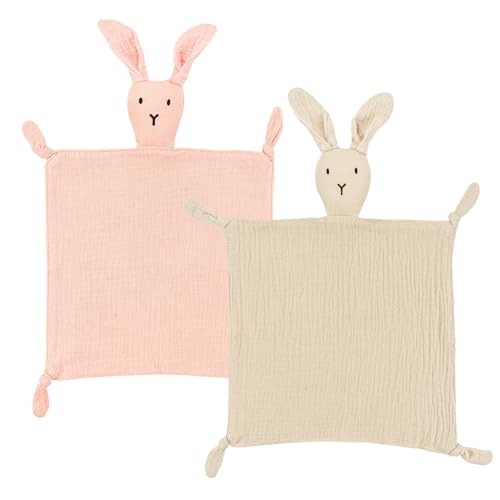 Image of ZIGJOY Bunny Lovey Muslin Cotton Baby Security Blanket Soft Breathable Lovies for Babies Gifts for Newborn Infant Toddler Boys and Girls, Pink & Khaki