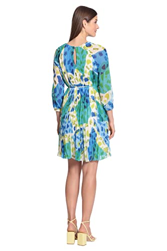 Maggy London Women's Plus Size Jewel Neck Spaghetti Waist Tie Pleated Dress With 3/4 Sleeves, Soft Beige/Light Teal, 16 #TOP1