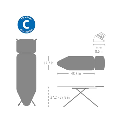 Brabantia Ironing Board C, XL Steam Unit Holder, Adjustable Height, Non-Slip Rubber Feet, Foldable, Denim Black, Size C (49 x 18 inches), Metal Frame, Free Standing, 63 inches