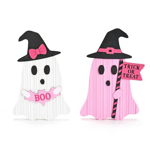 Valery Madelyn Pink Halloween Decor Set of 2 Cute Halloween Ghost Decor Witch Hat Boo & Trick or Treat Wooden Tabletop Signs for Home Shelf Tiered Tray Party Display 5 Inch