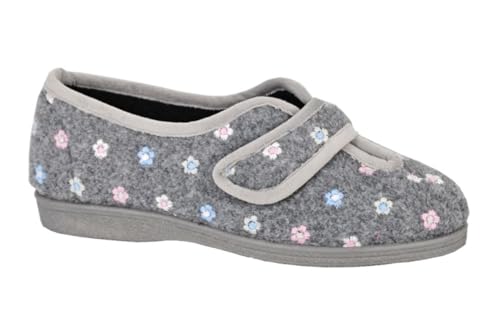 Sleepers Womens Matilda V Cut Touch Fastening Wide Fit Slippers Ladies Wide Fit Slippers Sizes 3-9 Grey (EE Fitting) 6 UK