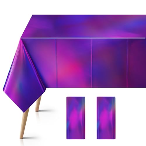 2 Pcs Purple Iridescent Plastic Tablecloths, Disposable Shiny 54" x 72" Laser Holographic Rectangle Table Cover, Foil Table Cloth for Party Decoration, Birthday, Bachelorette, Bridal, Wedding