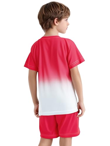 Linjinx Kids Boys Gradient Sports Jersey Football Basketball Athletic Tracksuit Short Sleeve T-Shirt and Shorts Set Red 11-12 Years2