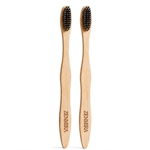Image of ZENMIRA Bamboo Toothbrush with Activated Charcoal Soft Bristles for Adults, Eco-Friendly BPA-Free Wooden Toothbrush, Biodegradable Natural Handle, Organic Teeth Whitening Brush - (Pack of 2)