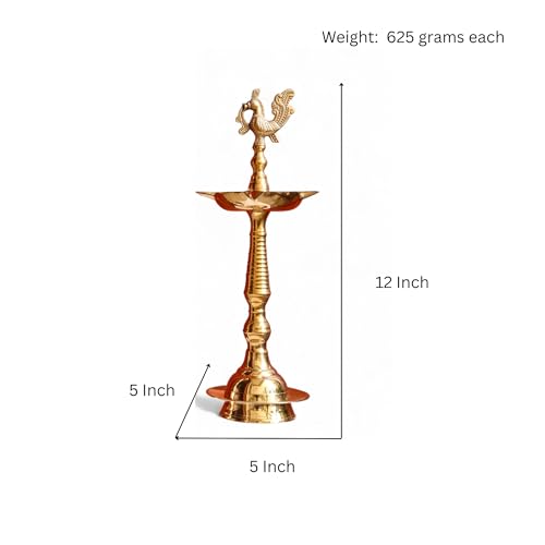 Image of Kerala Brass Samai Diya for Pooja Big Size | 12 Inch Premium Kuthu Vilakku Peacock Design | Panchmukhi Lamp for Home, Office Temple & Festive Gifting | Pack of 2, 625gm Each