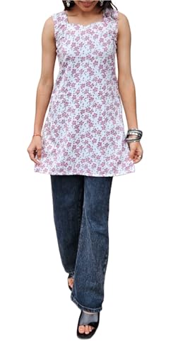 Image of Floral Sleeveless Kurti for Women - White and Purple - Bust Size 30 Only