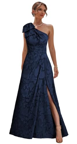 One Shoulder Mother of The Bride Dresses for Women Jacquard Floral Long Formal Evening Gown with Bow