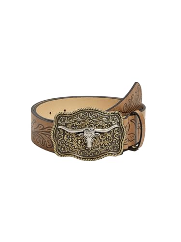 OYOANGLE Women's Vintage Western Cowgirl Leather Belts Floral Engraved Longhorn Bull Buckled Belt for Jeans