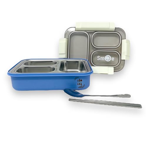 Image of Kitchen Bloom Lunch Box for Kids -3 Compartment Lunch Box for Kids with Spoon & chop Stick, Stainless Steel Lunch Box for Boys & Girls to School |Tiffin Box for Office for Men and Women (Blue & White)
