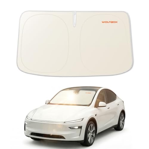WOLFBOX Foldable Car Windshield Sun Shade Tesla Model Y/Model 3-Advanced Thickened Black Tape Sunshade Cover Maximum UV Block & Sun Heat Protector Model Y Juniper/Model 3 Highland (56L*37W)