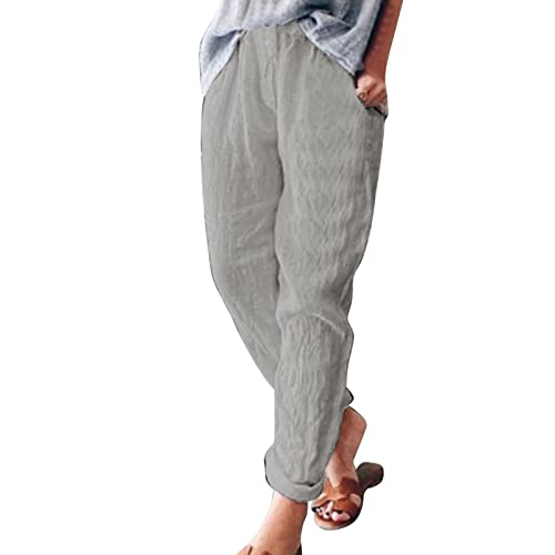 Women Solid Trousers Casual Baggy Relaxed Fit Elastic Waist Wide Loose Rolled Leg Soft Pants with Pockets (Grey, XL)3