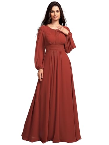 Image of Ever-Pretty Women's Crewneck Long Lantern Sleeves Floor Length A-Line Pleated Chiffon Formal Dress 0106B