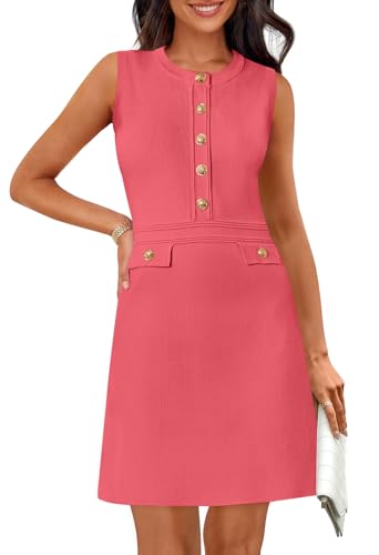 MEROKEETY Women's Formal Work Mini Dress Casual Summer Sleeveless Elegant Button Bussiness Office Outfits, Watermelon, Medium