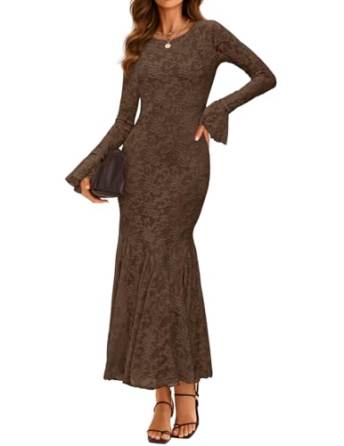 ZESICA Women's Long Sleeve Bodycon Maxi Dress 2025 Fall Fashion Floral Sexy Mermaid Wedding Guest Cocktail Party Dresses