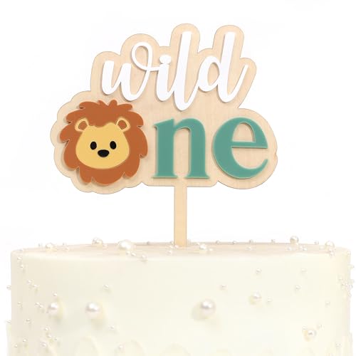 Lion Wild One Cake Topper - Wooden and Acrylic Jungle Safari 1st Birthday Cake Topper, Wild One Birthday Decorations for Boys, Jungle Animal Party Decor