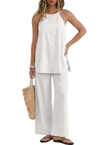 UNCOOYEE Womens 2 Piece Linen Outfits Summer Halter Neck Sleeveless Side Split Tank Top Wide Leg Pants Set Casual Beach Travel Vacation Lounge Matchng Set Cloud White Small