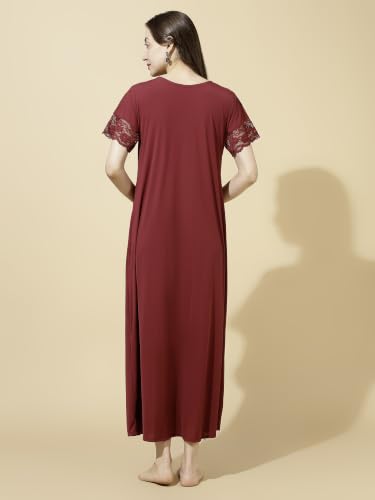 Image of 9shines Label Stylish Soft Modal Maxi Nighty | Honeymoon Nighty | Full Length Trendy Nightgown | V-Neck Lace | Premium Nightdress | Soft Long Nightdress | Maxi Gown Nightwear for Women (Malai Satin)