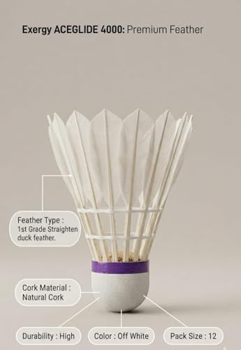 Image of EXERGY Aceglide 4000 Feather Shuttlecock, 1st Grade Duck Feather, Natural Cork Base, High Durability, Stable Flight & Precision Control, Off White, Pack of 12